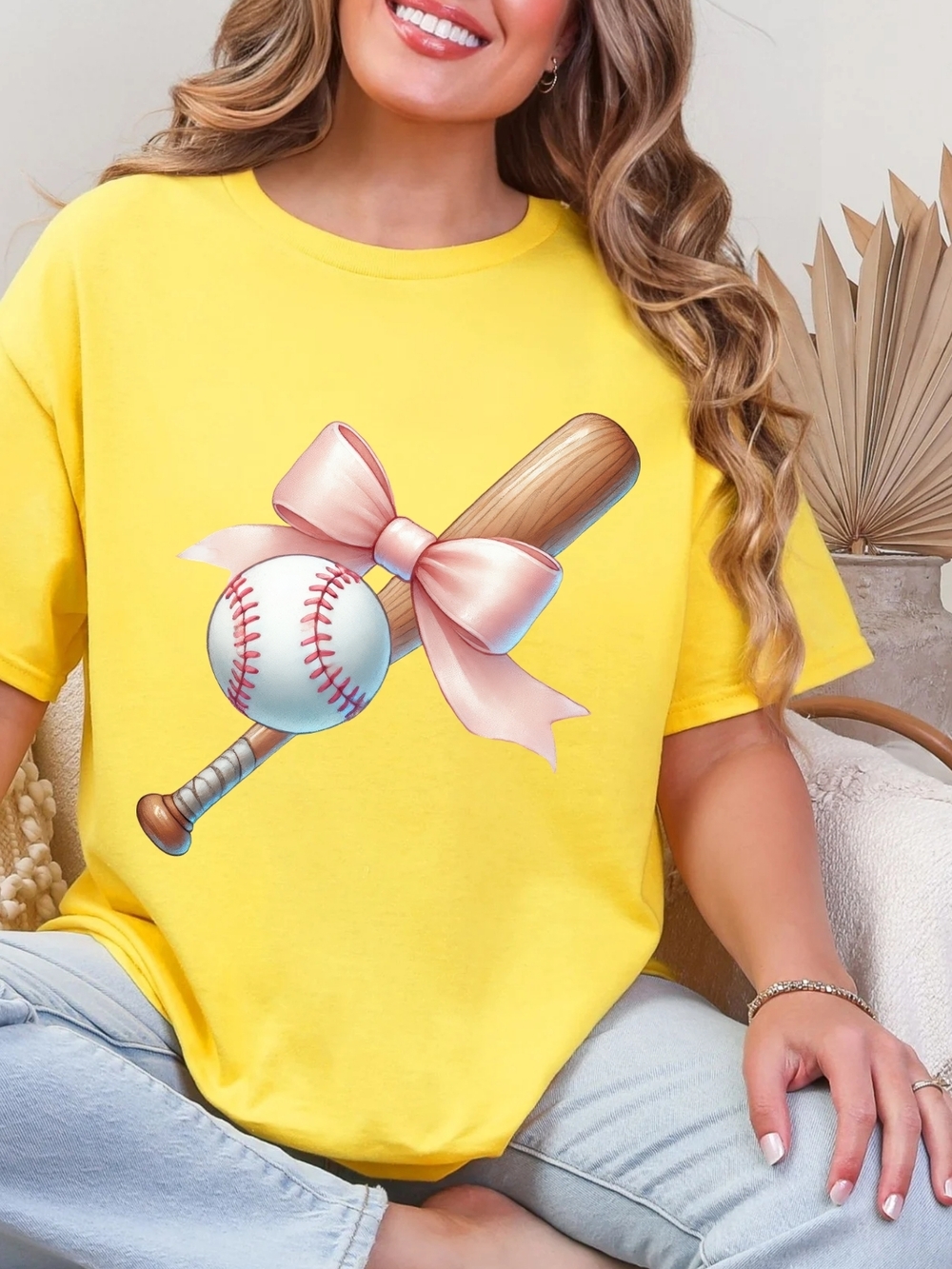 Gildan Yellow Tee with Baseball Bat, Ball & Pink Bow Graphic